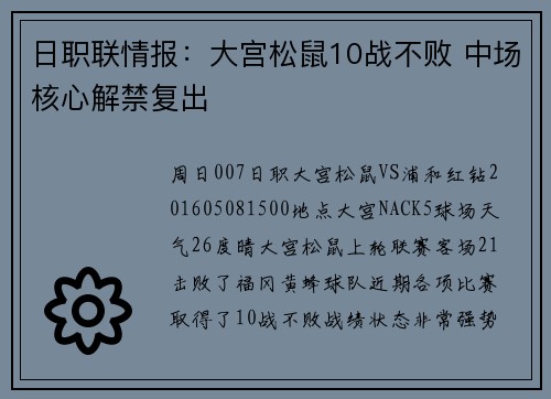 日职联情报：大宫松鼠10战不败 中场核心解禁复出